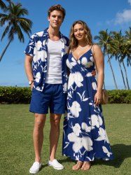 Flower Leaf Print Matching Hawaii Beach Outfit For Couples -  