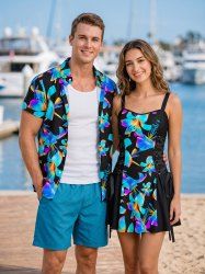 Ombre Flower Print Matching Hawaii Beach Outfit For Couples -  