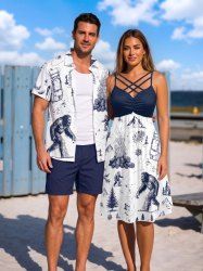 Fire Flame Tree Ape Print Matching Hawaii Beach Outfit For Couples -  