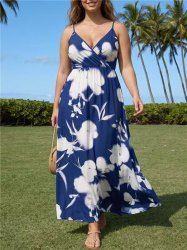 Flower Leaf Print Hawaii Surplice A Line Dress -  