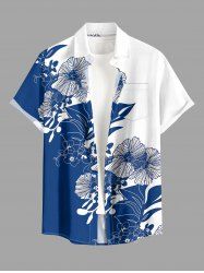 Chemise hawaïenne homme à imprimé fleurs et feuilles colorblock avec boutons et poche - Bleu 5XL