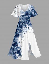 Robe midi hawaïenne à fente imprimé fleurs, feuilles et notes de musique - Bleu profond 5X