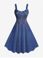 Lace Up Denim 3D Print Hawaii Tank Dress(Adjustable Shoulder Strap) -  