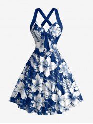 Flowers Tropical Leaf Print Crisscross Straps Bowknot Hawaii Tank Dress -  
