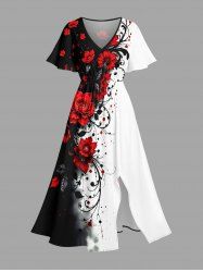 Robe midi coupe A à imprimé floral hawaïen (branches, feuilles et fleurs) avec poches fendues - Rouge XXS