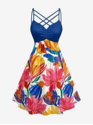 Robe trapèze à imprimé floral feuille hawaïen, froncée et à bretelles croisées - Bleu M