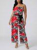 Combinaison Hawaï à imprimé fleur d'hibiscus et rayures zèbre avec ceinture et bretelles amovibles - Rouge 5X