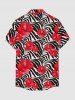 Chemise hawaïenne à imprimé rayures zèbre et fleurs d'hibiscus avec poche boutonnée pour homme - Rouge XL