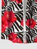 Chemise hawaïenne à imprimé rayures zèbre et fleurs d'hibiscus avec poche boutonnée pour homme - Rouge XL