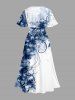 Robe midi hawaïenne à fente imprimé fleurs, feuilles et notes de musique - Bleu profond 5X