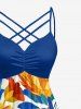 Robe trapèze à imprimé floral feuille hawaïen, froncée et à bretelles croisées - Bleu M