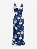 Flower Leaf Print Hawaii Ruffles Split Dress -  