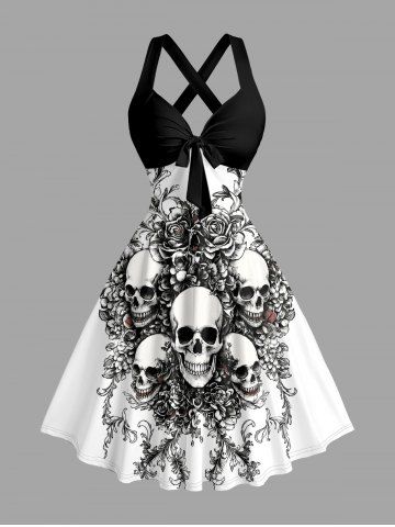 Robe débardeur Hawaï à imprimé crânes et fleurs, bretelles croisées et nœud - BLACK - M