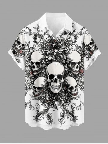 Skulls Flowers Print Buttons Pocket Hawaii Shirt For Men - BLACK - 5XL