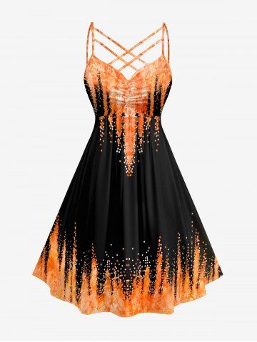 Fire Flame Tie Dye Print Ruched Lattice Crisscross Straps Hawaii Dress - ORANGE - 2X