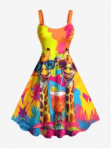Giraffe Fruit Juice Colorblock Print Hawaii Tank Dress(Adjustable Shoulder Strap) - ORANGE - XS