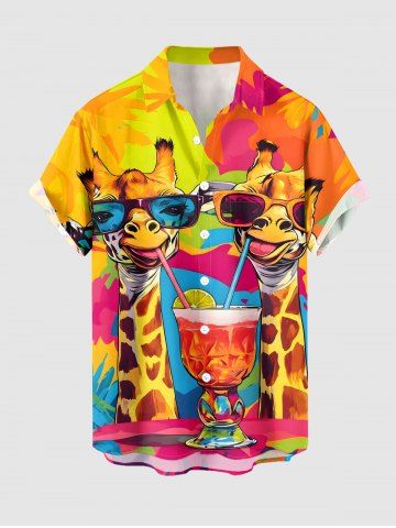 Giraffe Fruit Juice Colorblock Print Buttons Pocket Hawaii Shirt For Men - ORANGE - 5XL