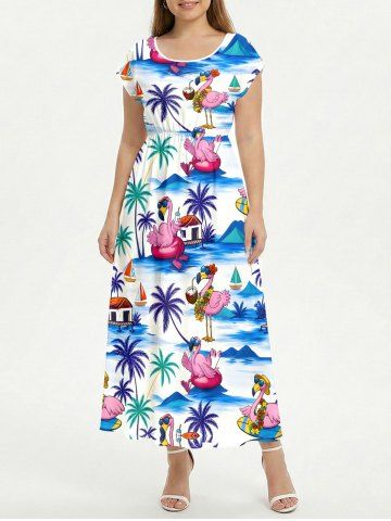 Flamingo Coconut Tree Print Drop Shoulder Hawaii Midi Dress - SKY BLUE - 6X