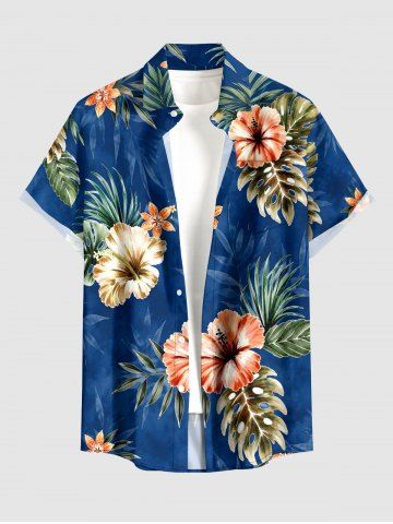 Chemise hawaïenne pour homme à imprimé fleur d'hibiscus et feuilles tropicales, avec boutons et poche