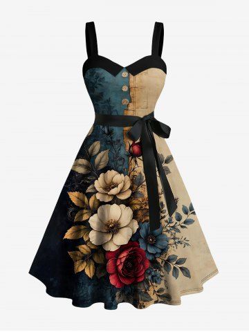 Robe hawaïenne à imprimé colorblock fleurs et feuilles, boutons, col rabattu, avec ceinture