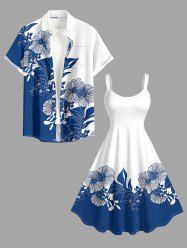 Tenue de plage hawaïenne assortie à blocs de couleurs motif feuilles et fleurs pour couples - Bleu 