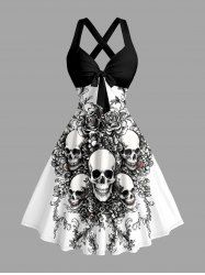 Skulls Flowers Print Crisscross Straps Bowknot Hawaii Tank Dress -  