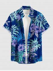 Chemise hawaïenne pour homme à imprimé hibiscus et feuilles tropicales, avec boutons et poche - Bleu profond M