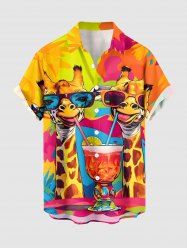 Giraffe Fruit Juice Colorblock Print Buttons Pocket Hawaii Shirt For Men -  