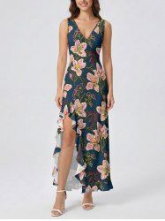 Robe portefeuille à volants et fente, imprimé feuilles et fleurs Hawaii - Cadetblue XS