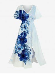 Robe midi Hawaï fendue à imprimé fleurs d'hibiscus et feuilles tropicales - Bleu clair S