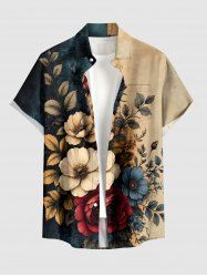 Chemise hawaïenne pour homme à imprimé fleurs et feuilles colorblock, avec boutons et poche - Bronze S