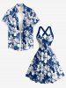 Tenue de plage hawaïenne assortie pour couple avec imprimé fleurs et feuilles tropicales - Cadetblue 