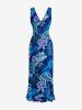 Robe portefeuille à fente avec volants Hawaï – Imprimé fleur d'hibiscus et feuilles tropicales - Bleu profond L
