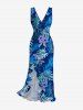 Robe portefeuille à fente avec volants Hawaï – Imprimé fleur d'hibiscus et feuilles tropicales - Bleu profond L