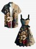 Flowers Leaf Colorblock Print Buttons Turn Down Collar Hawaii Dress With Belt -  