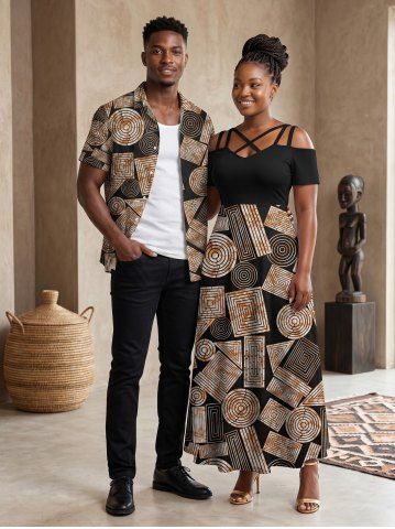 African Printed Matching Couple Outfit Ethnic Geometric Graphic Hawaiian Set - BROWN