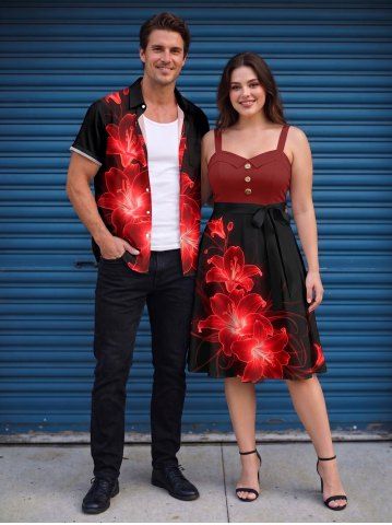 Tenue de plage Hawaii assortie pour couples avec motif fleur d'hibiscus pailleté dégradé - RED