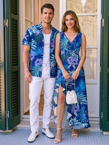 Hibiscus Flower Tropical Leaf Print Matching Hawaii Beach Outfit For Couples
