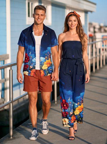 Imprimé fleurs galaxy ombre - Tenue de plage Hawaii assortie pour couples
