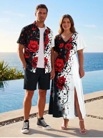 Tenue de plage assortie pour couple imprimée branches de feuilles et fleurs motif Hawaii - RED