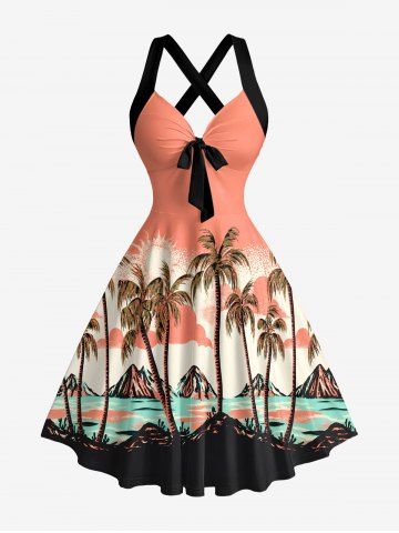 Coconut Tree Sun Mountain Seascape Print Crisscross Straps Bowknot Hawaii Tank Dress - LIGHT PINK - XXL