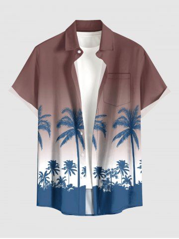 Ombre Coconut Tree Print Hawaii Button Pocket Shirt For Men