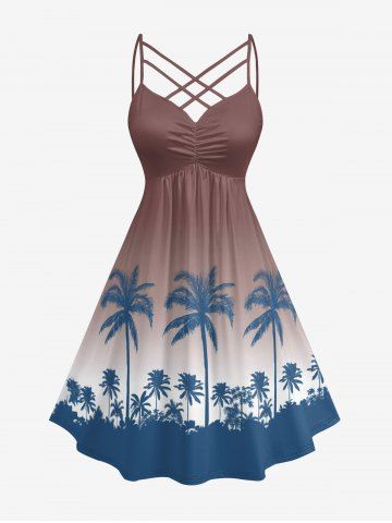 Ombre Coconut Tree Print Hawaii Ruched Crisscross Strappy A Line Dress - DEEP BROWN - XS
