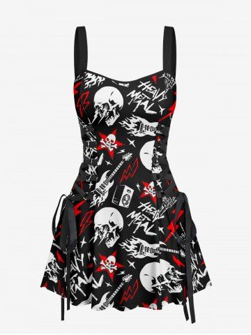Skulls Lightning Fire Flame Letter Guitar Print Hawaii Lace Up A Line Dress - BLACK - XXL
