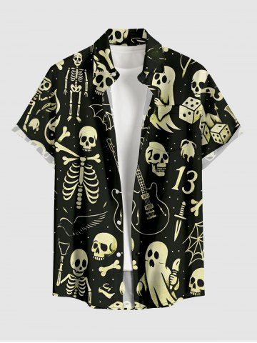 Halloween Skulls Skeleton Guitar Ghost Bat Print Button Pocket Shirt For Men - BLACK - 5XL