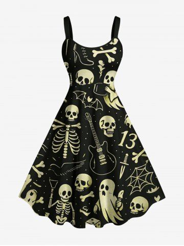 Robe trapèze Halloween à imprimé crânes, squelette, guitare, fantôme et chauve-souris - BLACK - XXS