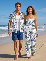 Ensemble assorti chemise hawaïenne et combinaison-short de plage imprimé fleurs et feuilles tropicales pour couples - Turquoise Foncée 