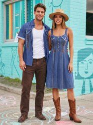 Tenue de plage hawaïenne assortie en denim à lacets avec imprimé 3D pour couples - Bleu 