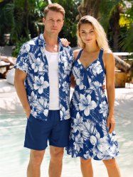 Tenue de plage hawaïenne assortie pour couple avec imprimé fleurs et feuilles tropicales - Cadetblue 
