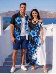Tenue de plage hawaïenne assortie pour couples – Motif hibiscus à branches courbes - Bleu 